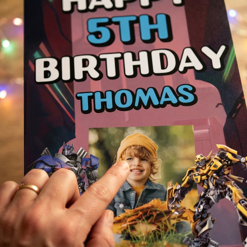 Close-up of the personalised name and photo printed on the Transformers Mega Card