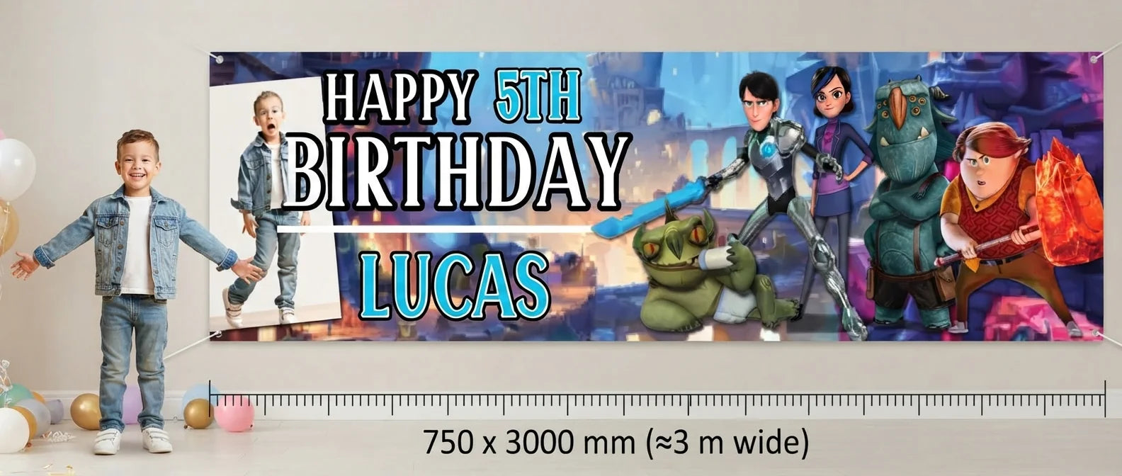 Person standing beside the Troll Hunters Birthday Banner for scale, with size guide showing 750 x 3000 mm