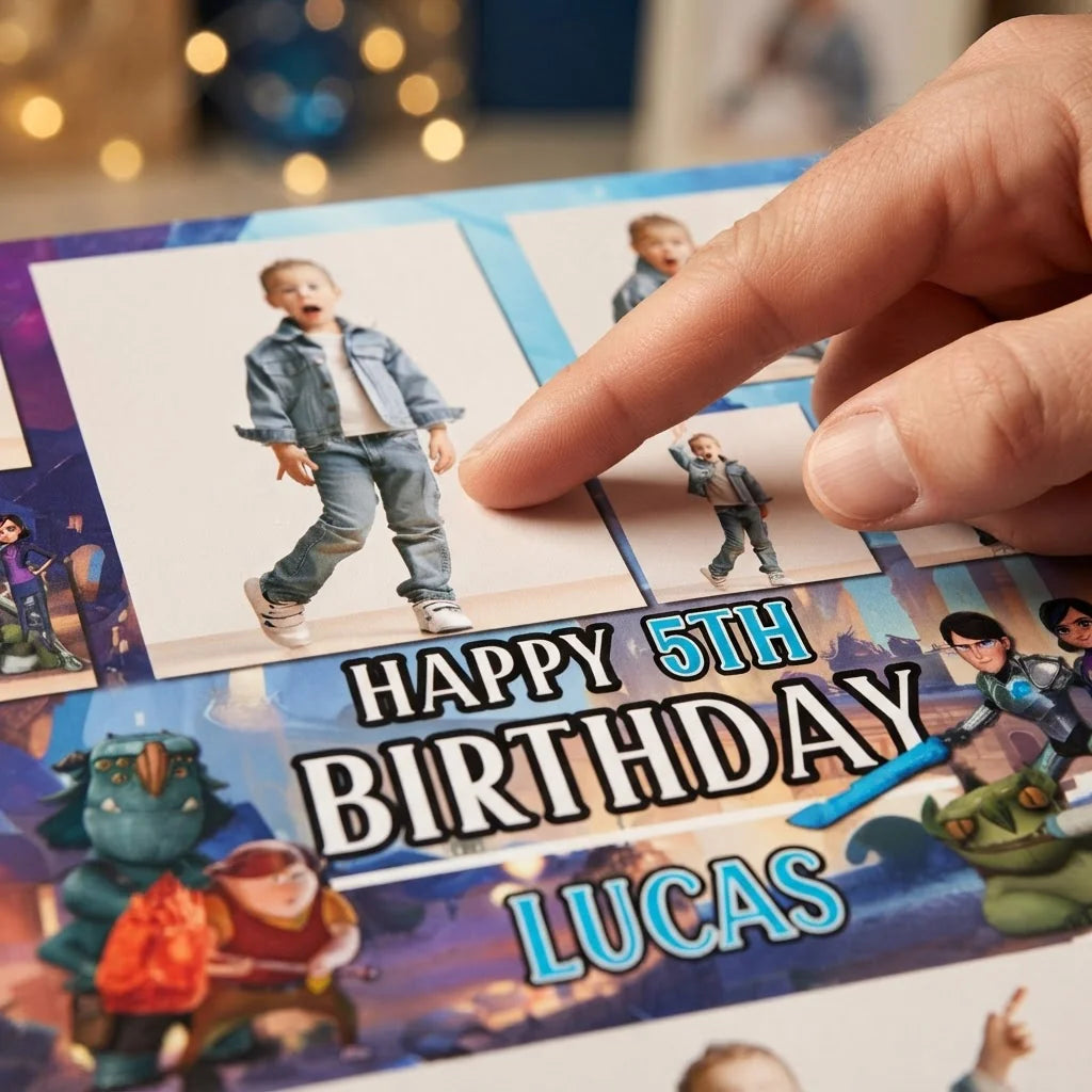 Close-up of the personalised name and photo printed on the Troll Hunters Mega Card