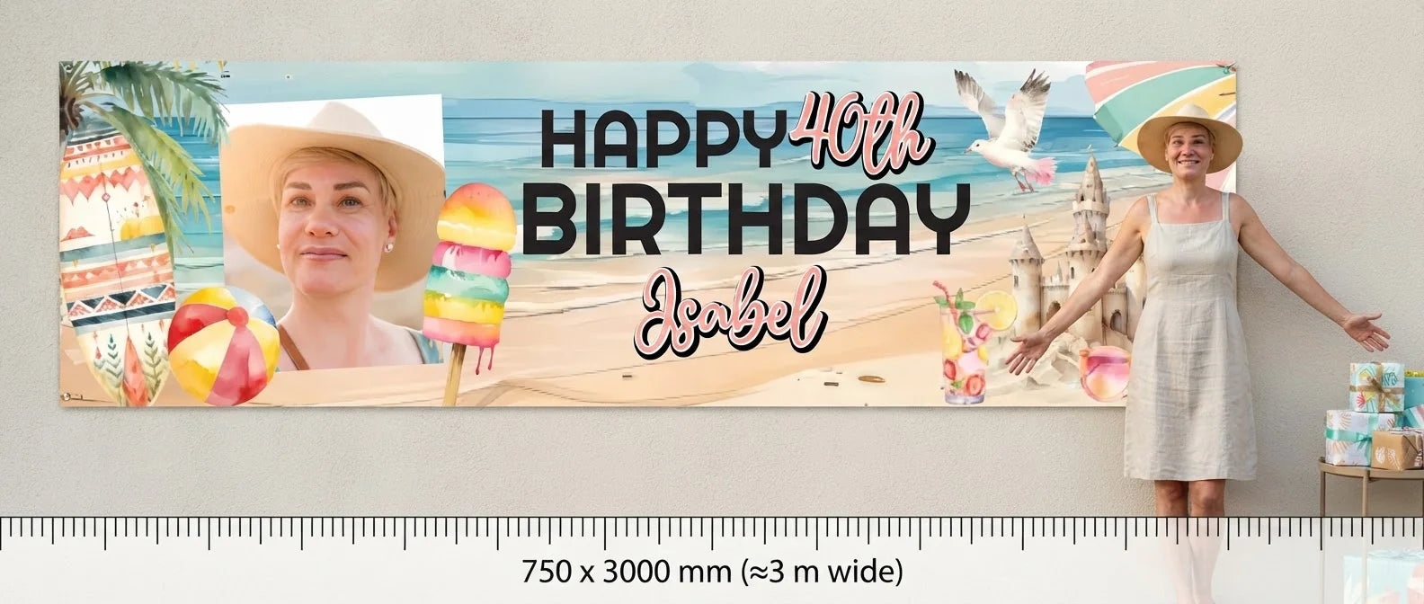 Person standing beside the Tropical Birthday Party Banner for scale, with size guide showing 750 x 3000 mm
