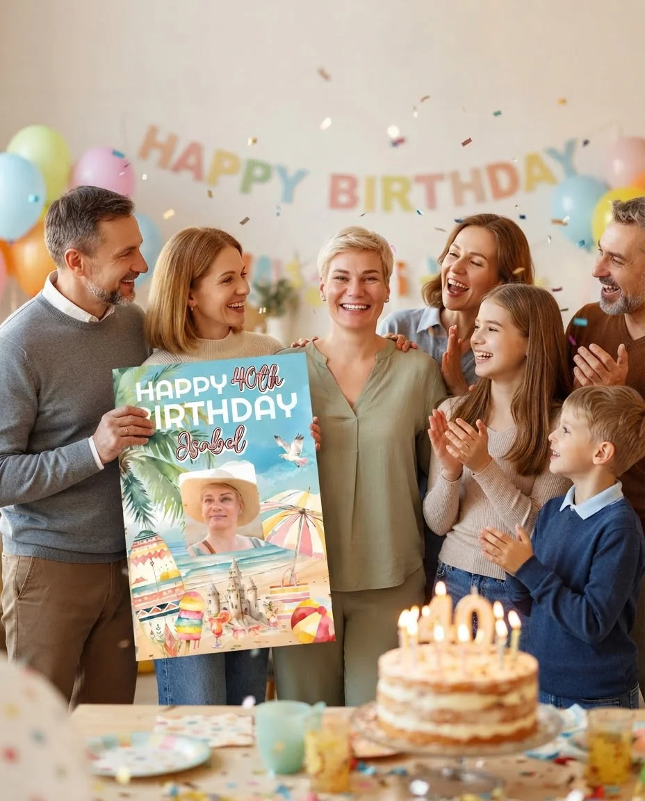 Friends and family celebrating with the personalised Tropical Birthday Party Mega Card