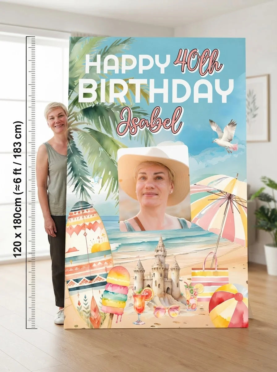 Person standing beside the Tropical Birthday Party Mega Card for scale in a size guide
