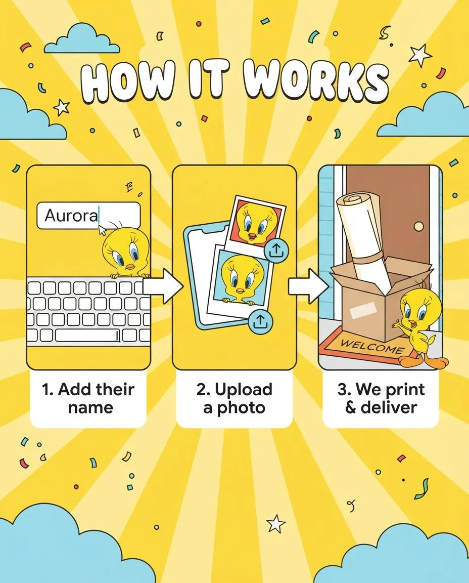 How it works: add a name, upload a photo, and we print and deliver the Tweety Mega Card