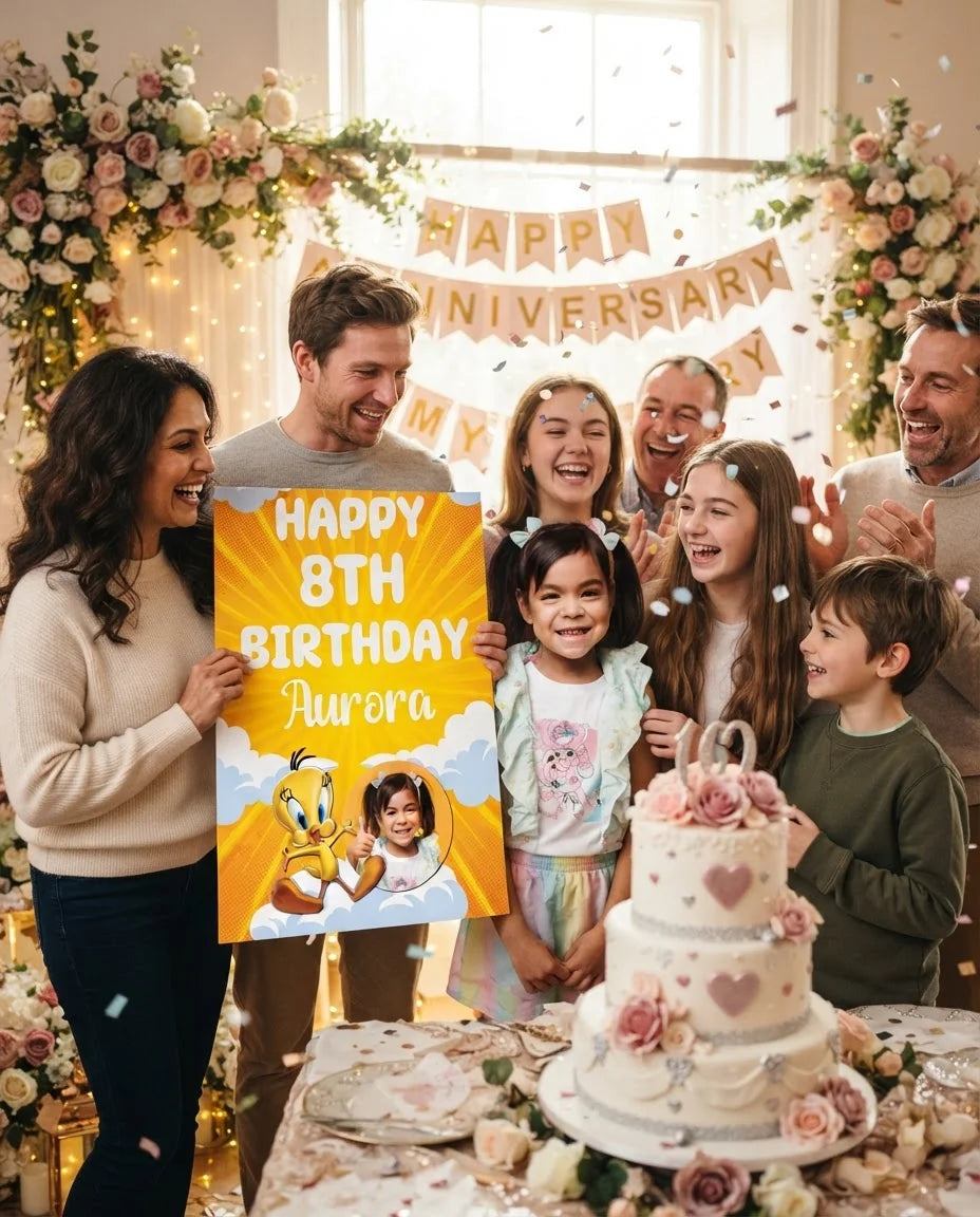 Friends and family celebrating with the personalised Tweety Mega Card