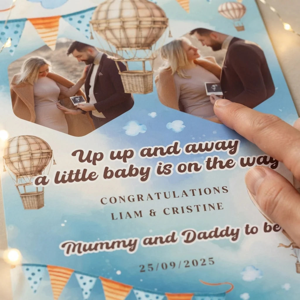 Close-up of the personalised name and photo printed on the Up Up and Away Baby Shower Mega Card