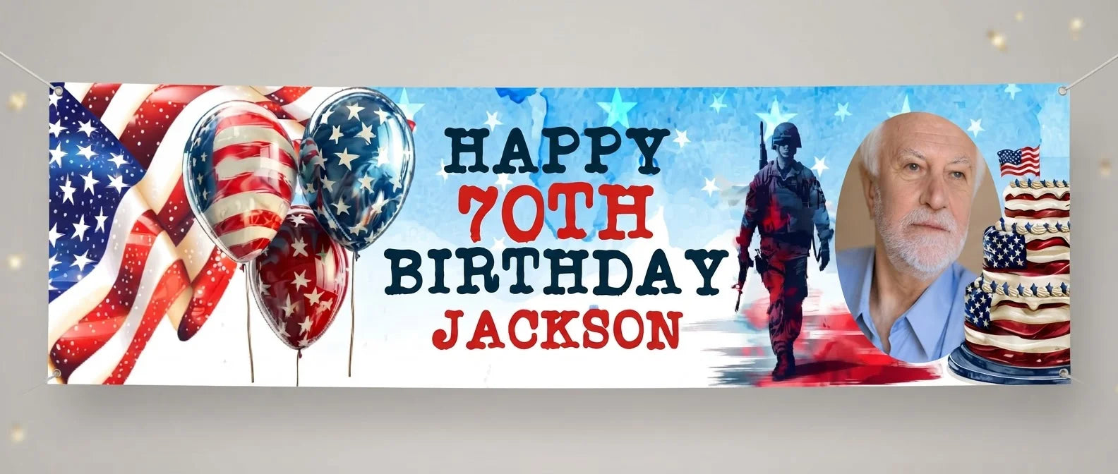 Personalised Veterans Day Birthday Party Banner displayed against a plain studio background
