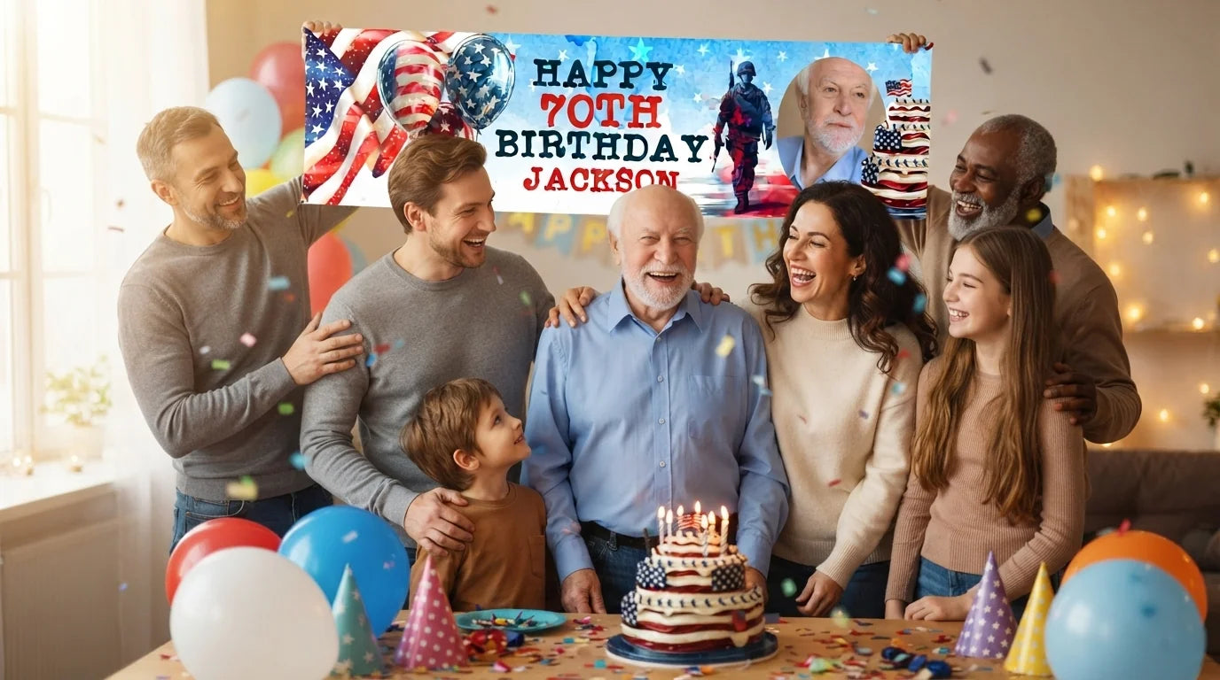 Friends and family celebrating with the personalised Veterans Day Birthday Party Banner