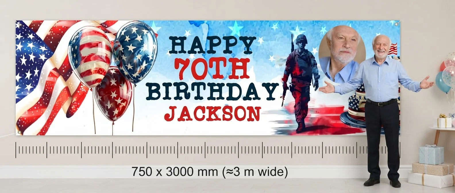 Person standing beside the Veterans Day Birthday Party Banner for scale, with size guide showing 750 x 3000 mm