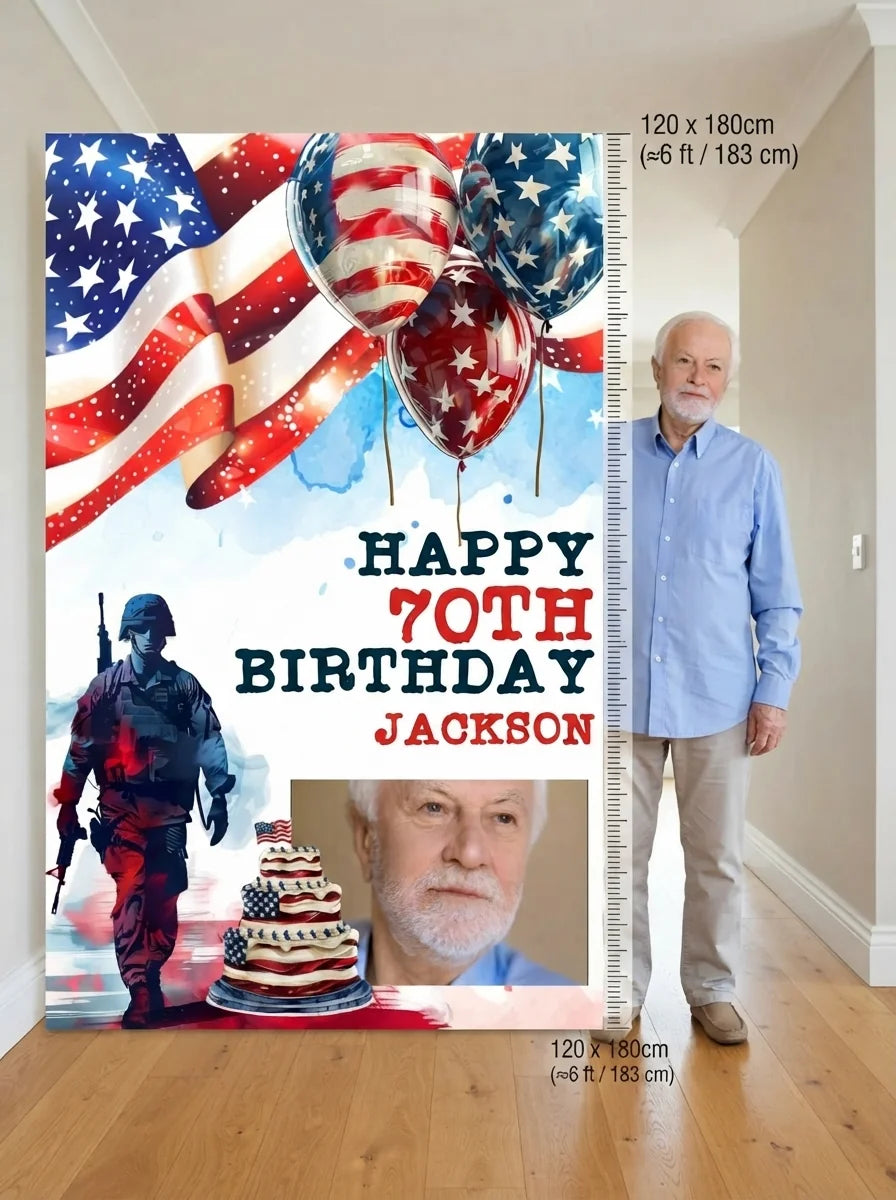 Person standing beside the Veterans Day Birthday Party Mega Card for scale in a size guide