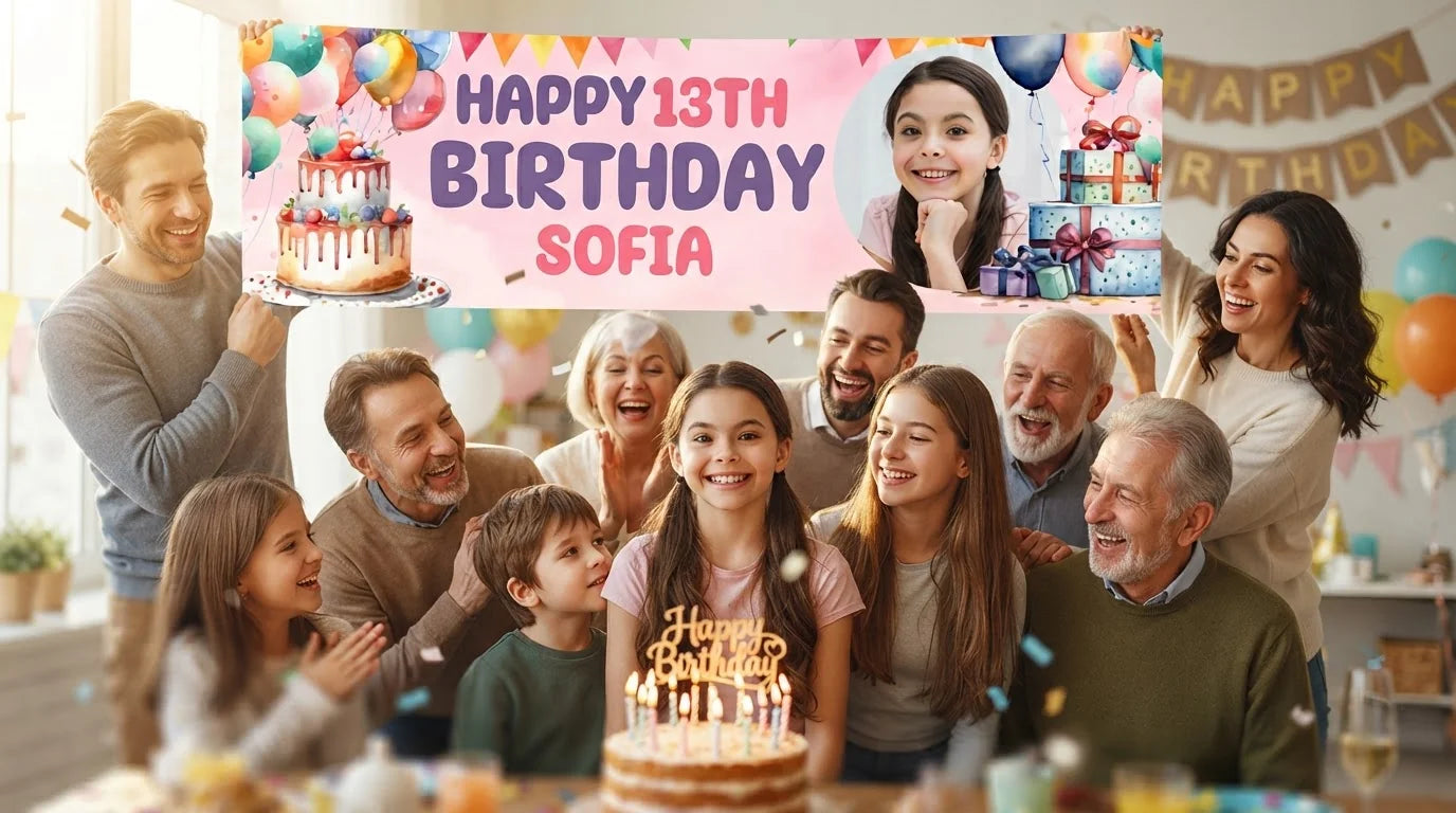 Friends and family celebrating with the personalised Watercolor Balloons & Cake Birthday Party Banner