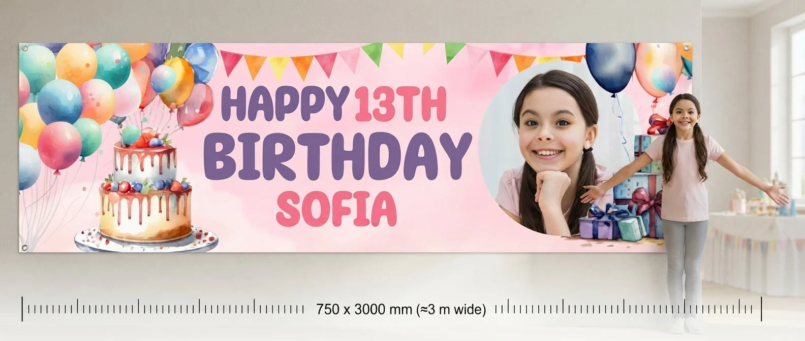 Person standing beside the Watercolor Balloons & Cake Birthday Party Banner for scale, with size guide showing 750 x 3000 mm