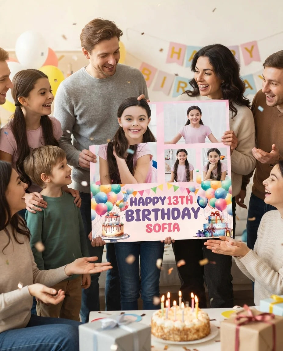 Friends and family celebrating with the personalised Watercolor Balloons & Cake Birthday Party Mega Card
