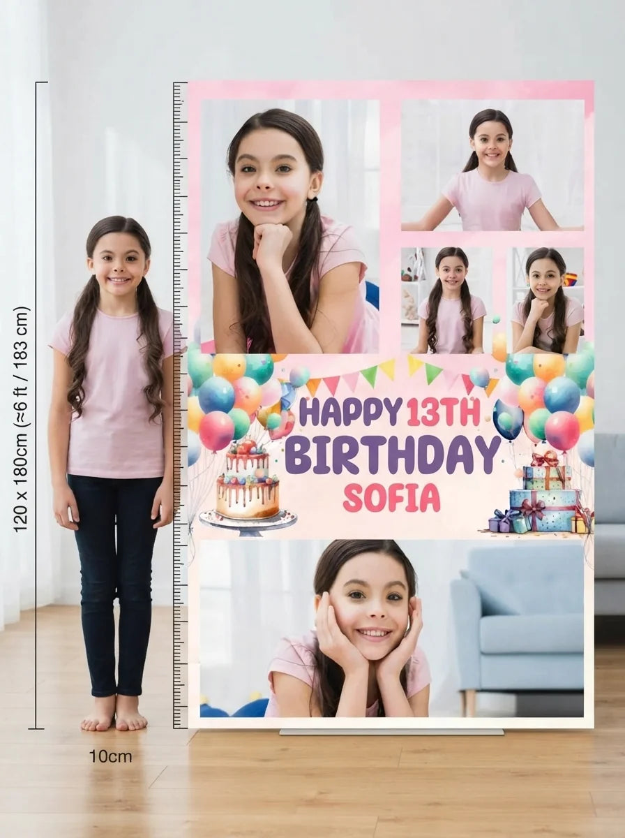 Person standing beside the Watercolor Balloons & Cake Birthday Party Mega Card for scale in a size guide