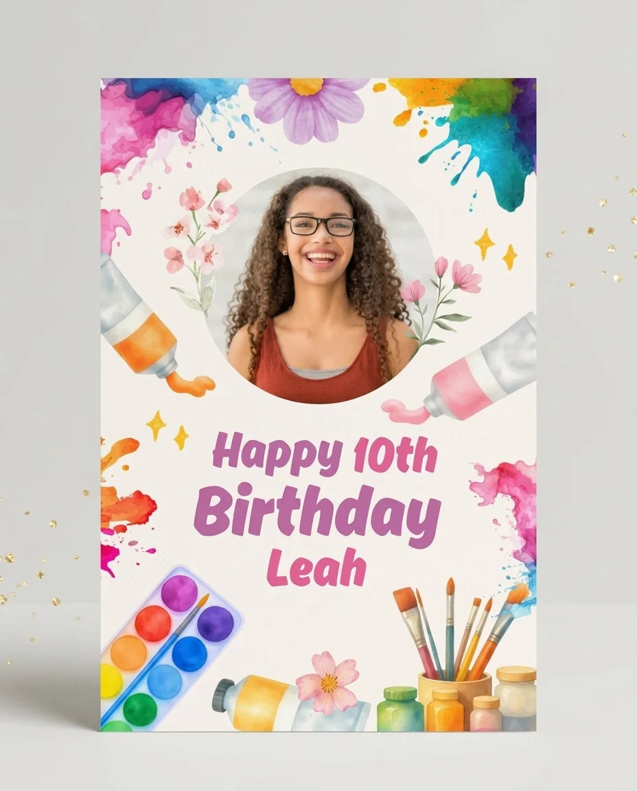 Personalised Watercolor Birthday Party Mega Card displayed against a plain studio background