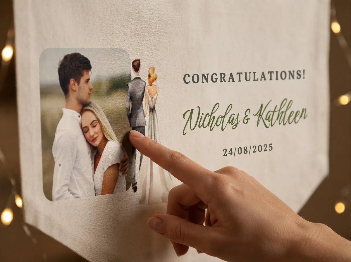 Close-up of the personalised name and photo printed on the Watercolor Church Wedding Banner