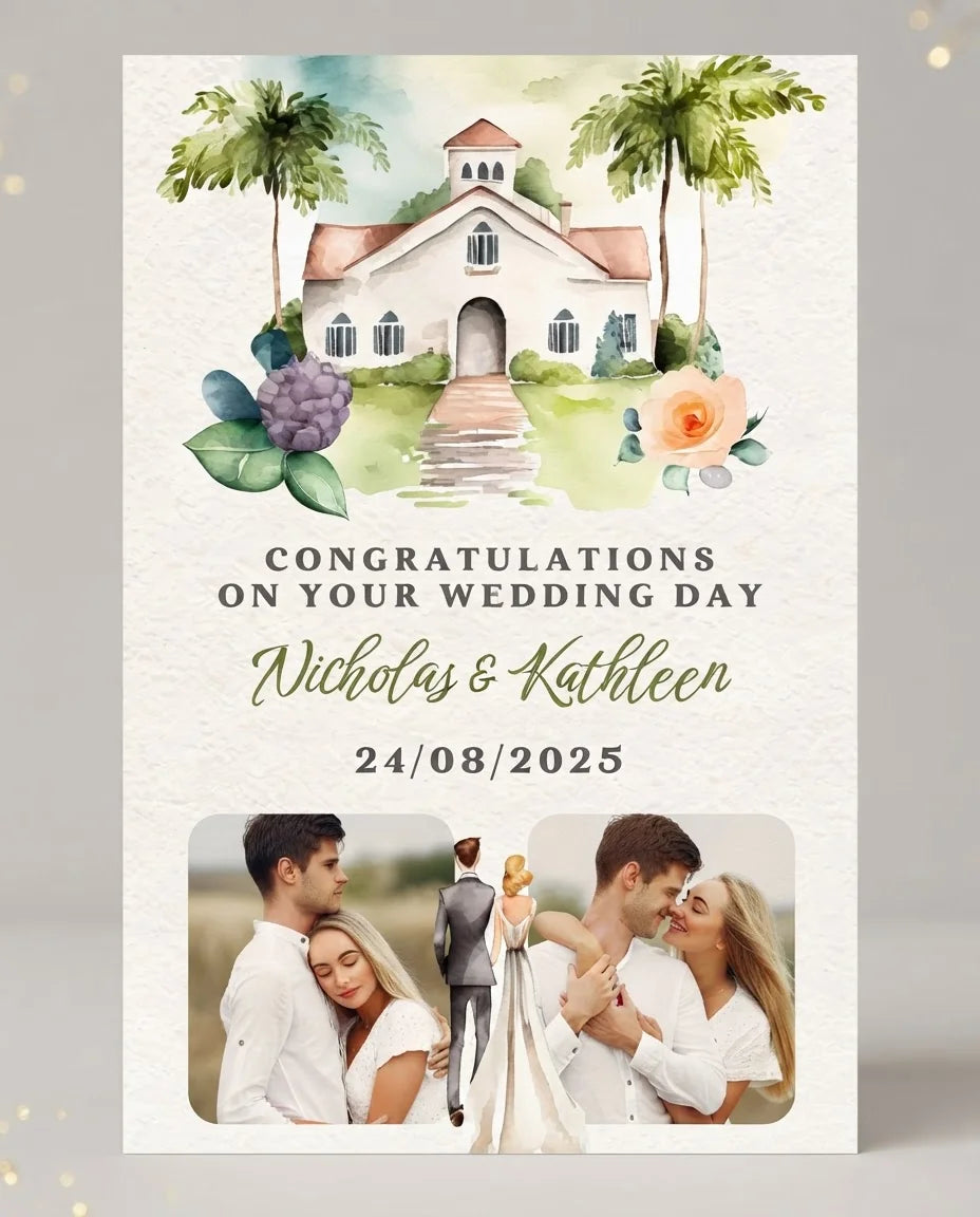 Personalised Watercolor Church Wedding Mega Card displayed against a plain studio background