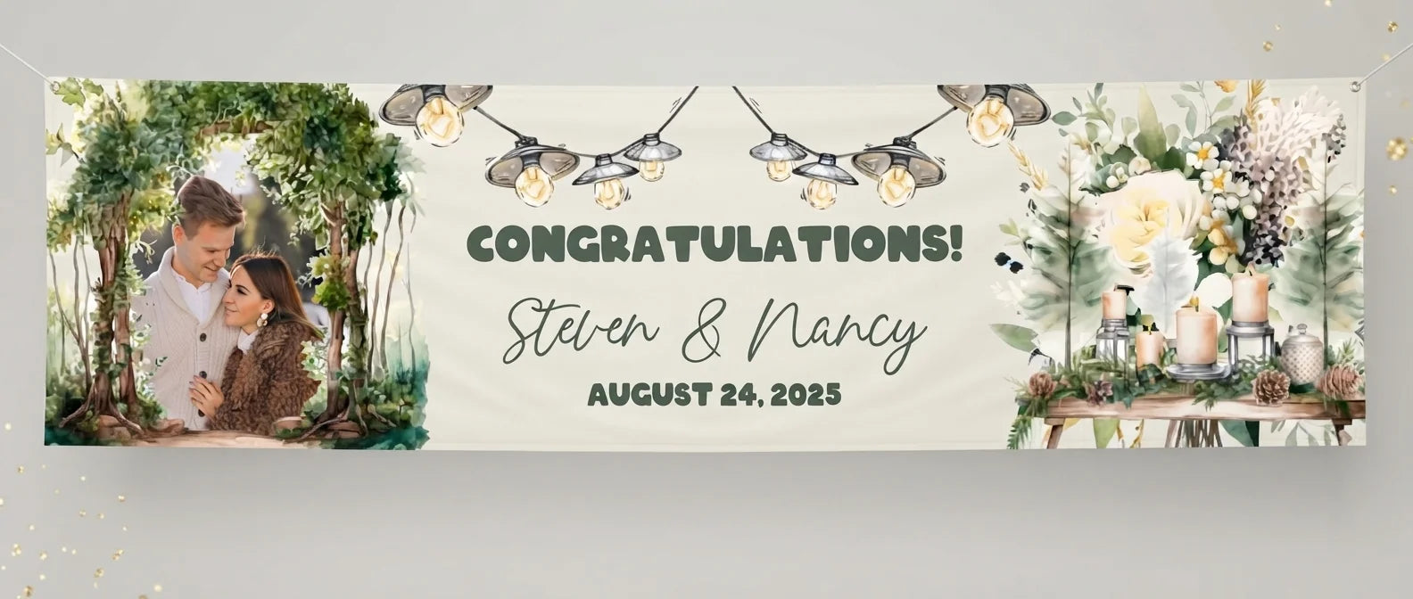 Personalised Watercolor Forest Wedding Banner displayed against a plain studio background