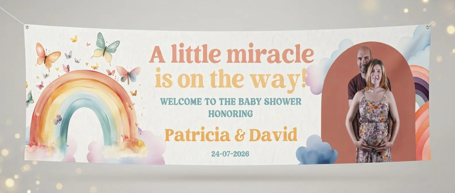 Personalised Watercolor Rainbow Baby Shower Party Banner displayed against a plain studio background