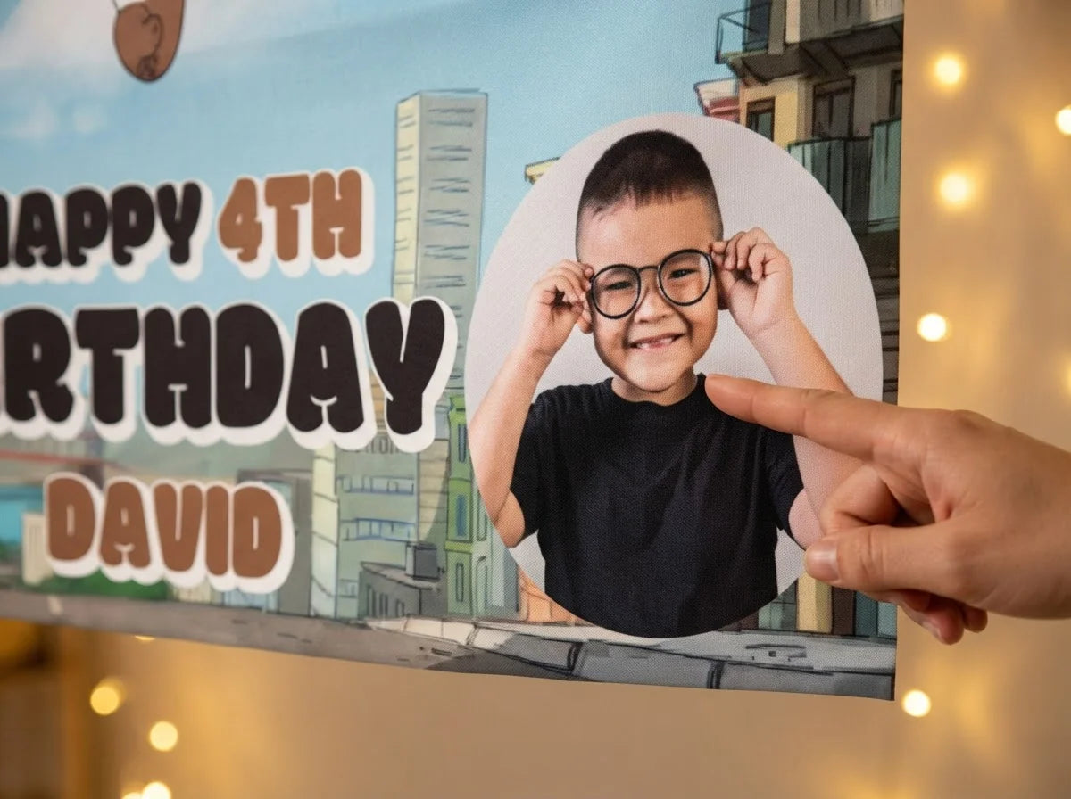 Close-up of the personalised name and photo printed on the We Bare Bears Birthday Banner
