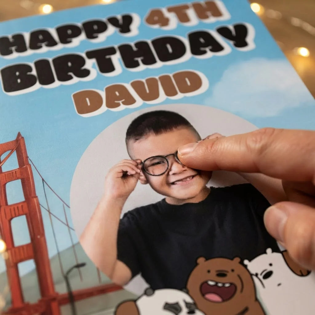 Close-up of the personalised name and photo printed on the We Bare Bears Mega Card