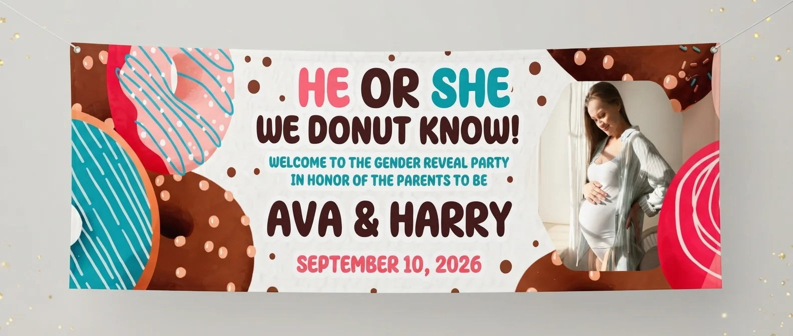 Personalised We DONUT know Gender Reveal Party Banner displayed against a plain studio background