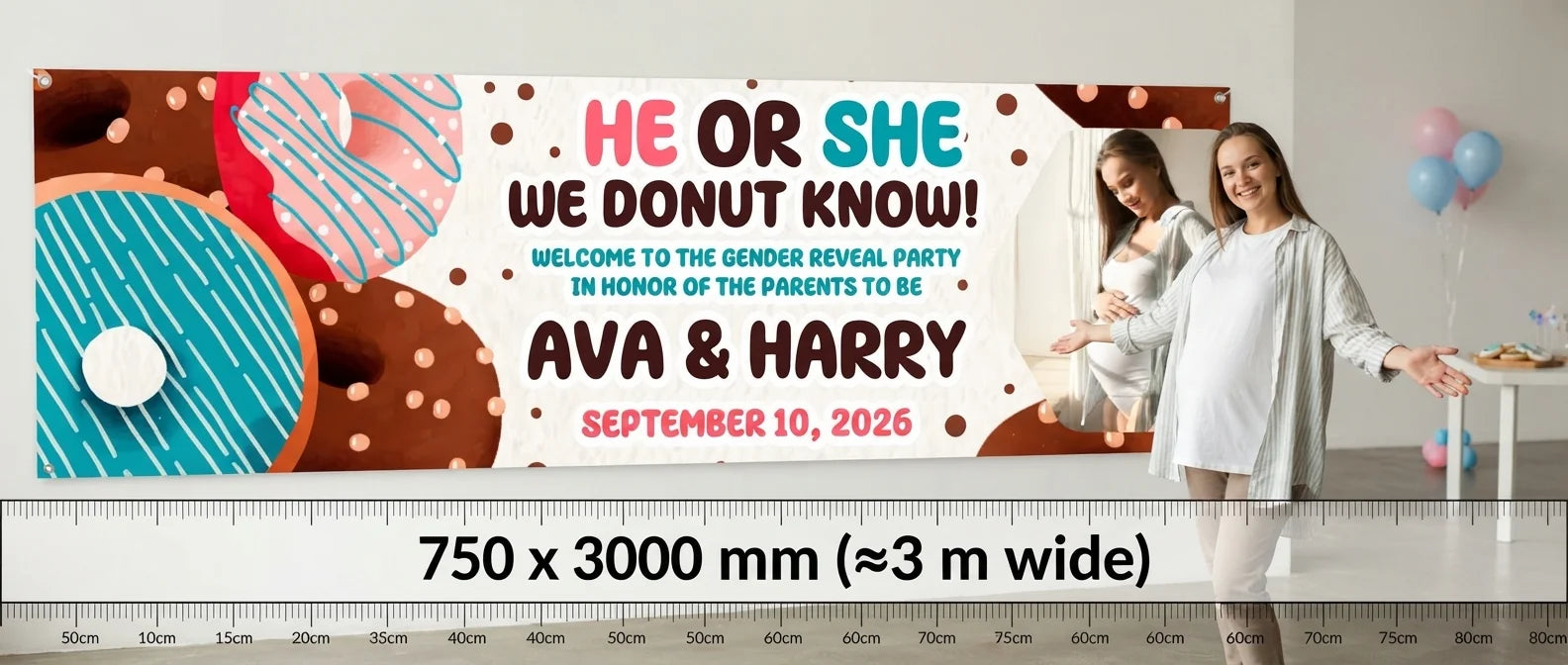 Person standing beside the We DONUT know Gender Reveal Party Banner for scale, with size guide showing 750 x 3000 mm