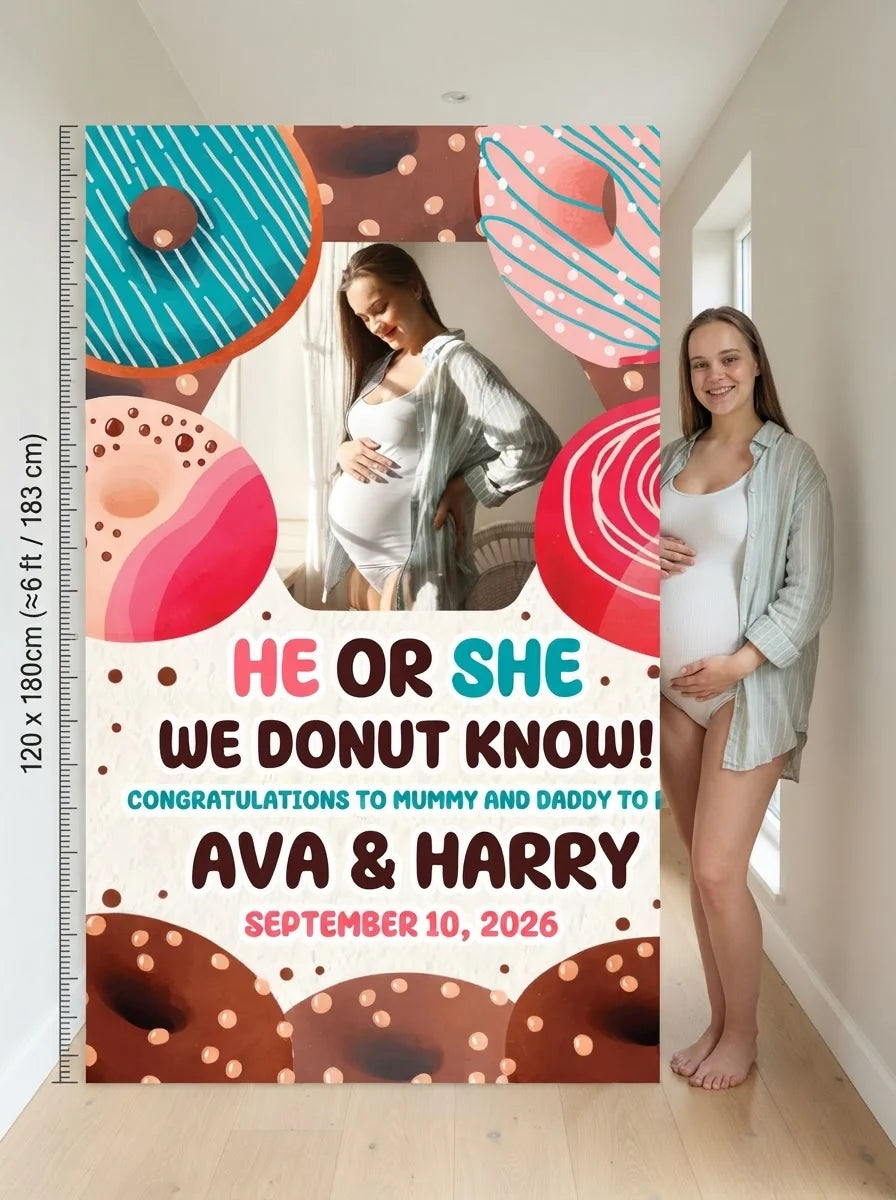 Person standing beside the We DONUT know Gender Reveal Party Mega Card for scale in a size guide