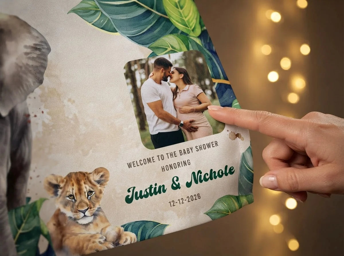 Close-up of the personalised name and photo printed on the We’re Wild to Meet You Baby Shower Party Banner