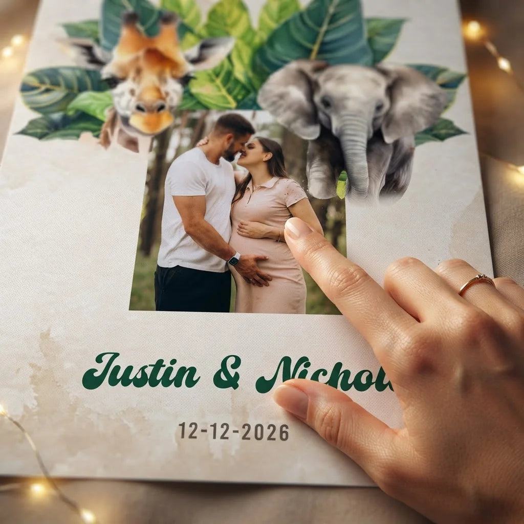 Close-up of the personalised name and photo printed on the We’re Wild to Meet You Baby Shower Party Mega Card