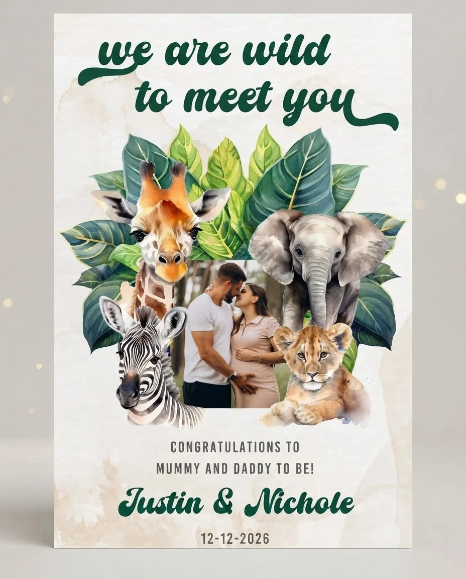 Personalised We’re Wild to Meet You Baby Shower Party Mega Card displayed against a plain studio background