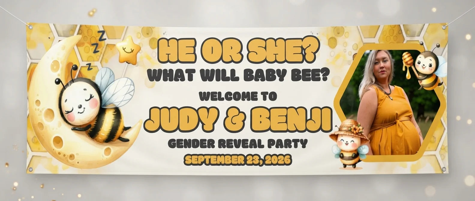 Personalised What Will the Baby Bee Gender Reveal Party Banner displayed against a plain studio background