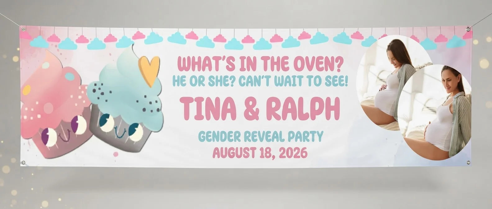 Personalised What's in the Oven Gender Reveal Party Banner displayed against a plain studio background
