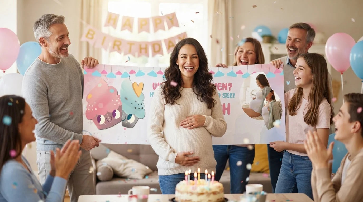 Friends and family celebrating with the personalised What's in the Oven Gender Reveal Party Banner