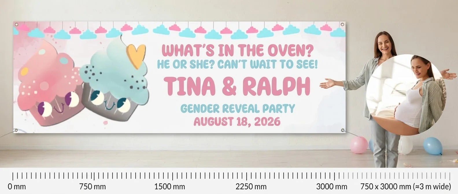 Person standing beside the What's in the Oven Gender Reveal Party Banner for scale, with size guide showing 750 x 3000 mm