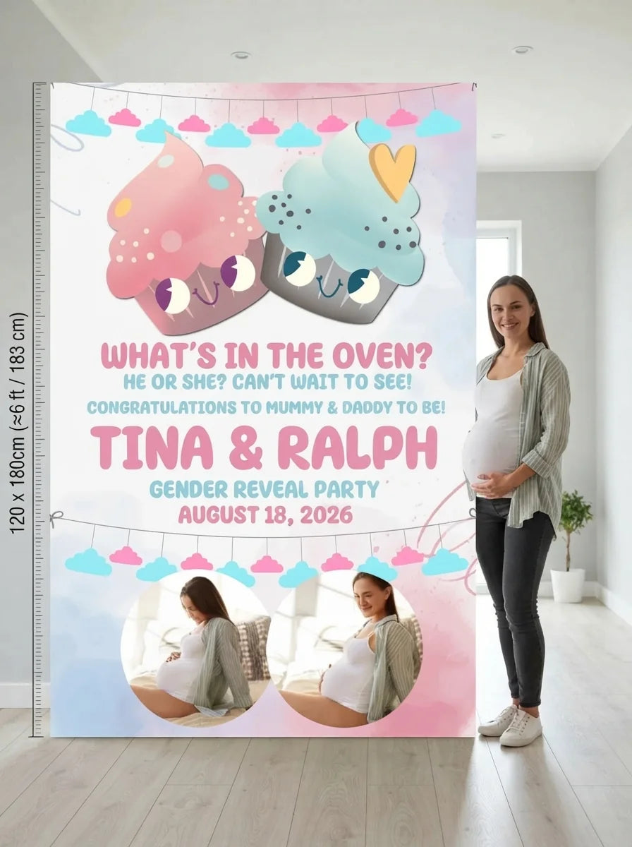 Person standing beside the What's in the Oven Gender Reveal Party Mega Card for scale in a size guide