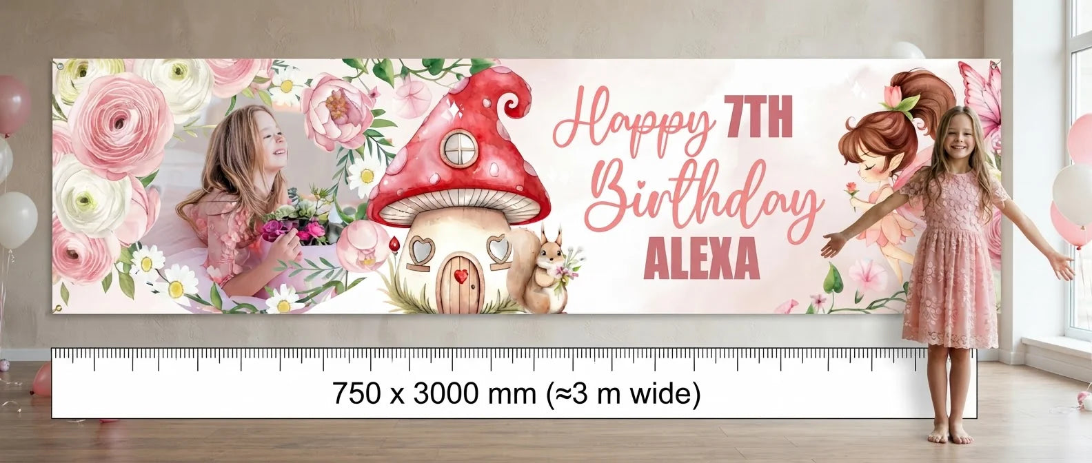 Person standing beside the Whimsical Pastel Fairy Birthday Party Banner for scale, with size guide showing 750 x 3000 mm