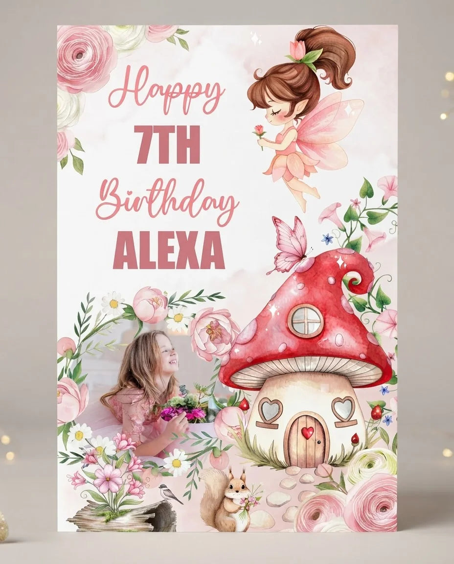 Personalised Whimsical Pastel Fairy Birthday Party Mega Card displayed against a plain studio background