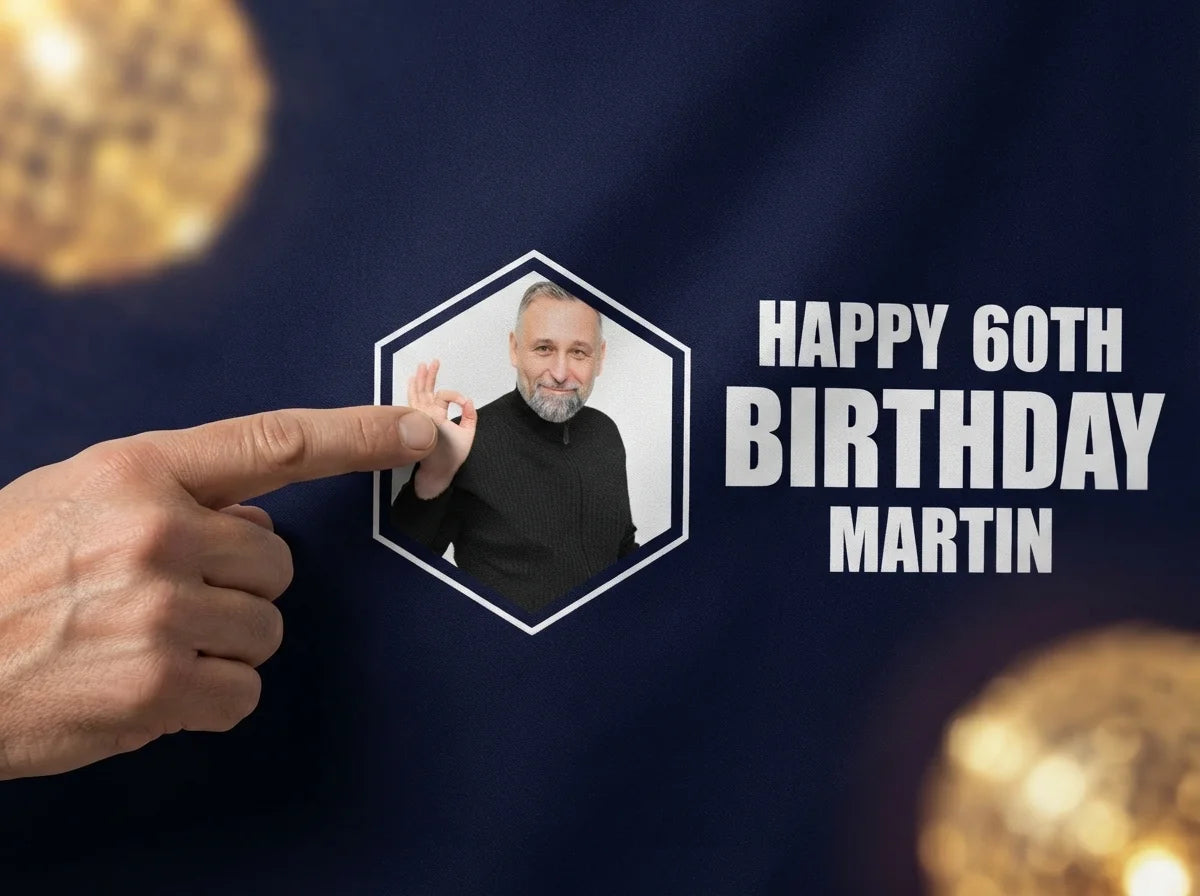 Close-up of the personalised name and photo printed on the Whiskey Birthday Party Banner