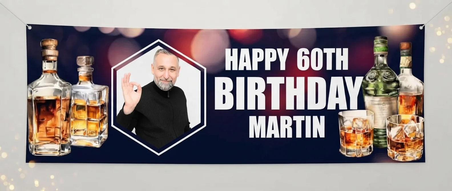 Personalised Whiskey Birthday Party Banner displayed against a plain studio background