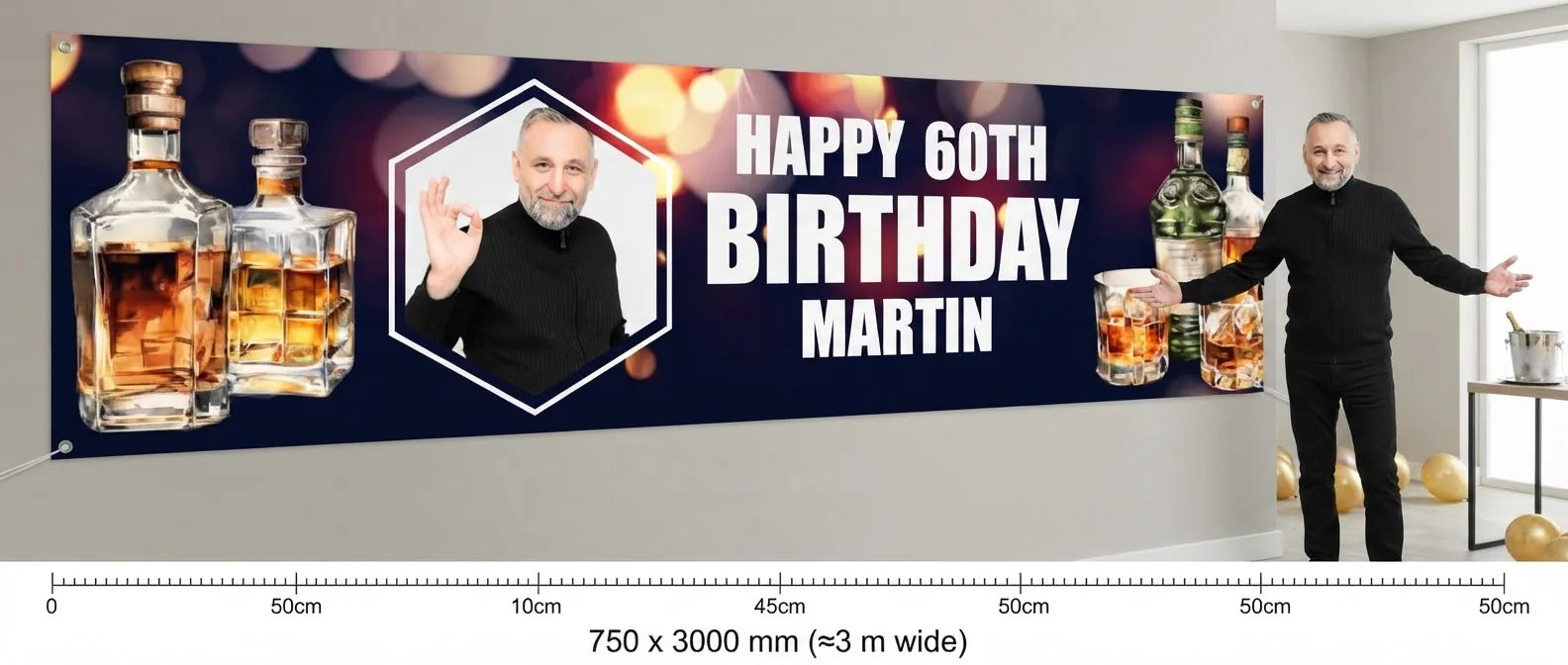 Person standing beside the Whiskey Birthday Party Banner for scale, with size guide showing 750 x 3000 mm