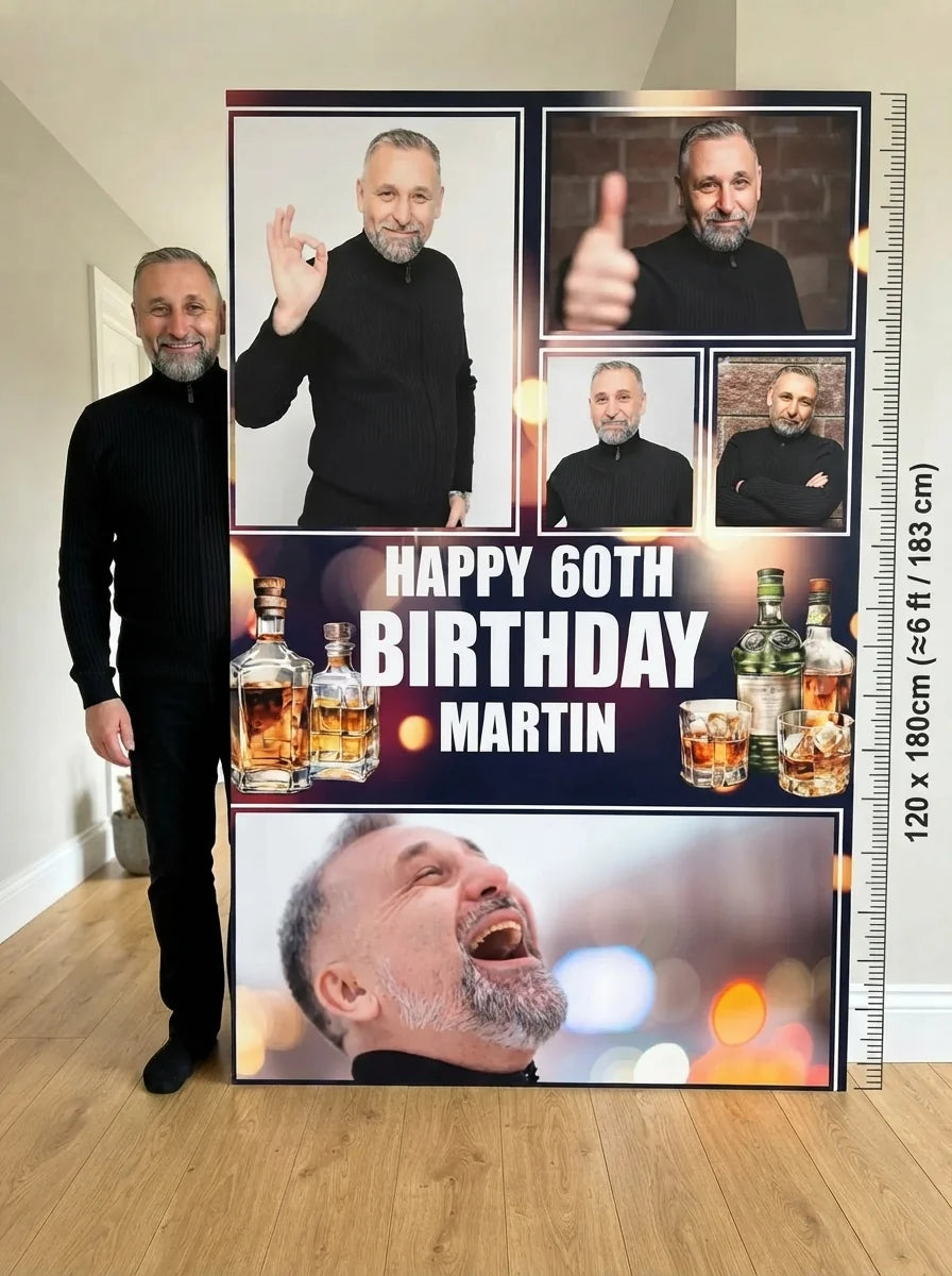 Person standing beside the Whiskey Birthday Party Mega Card for scale in a size guide