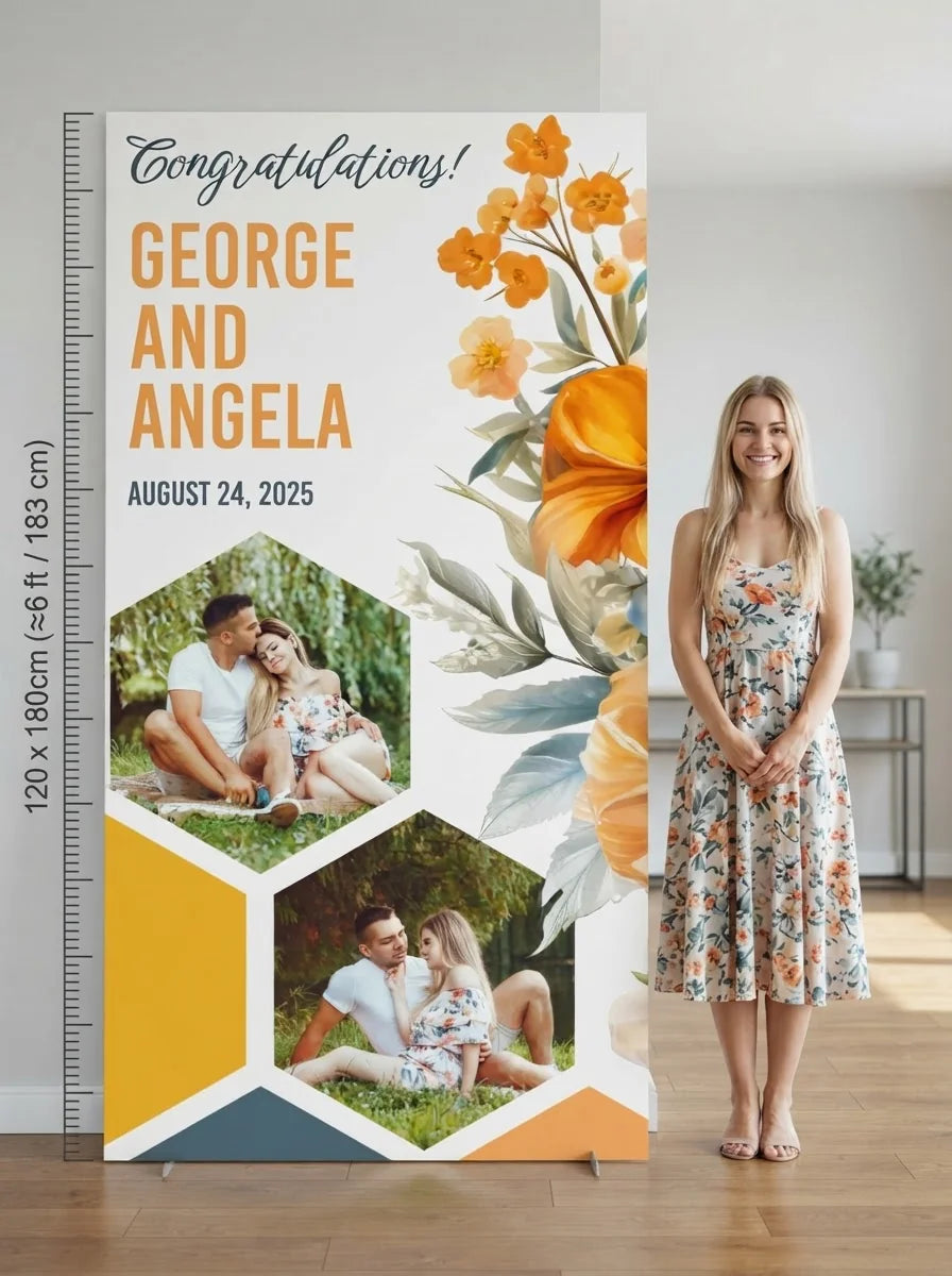 Person standing beside the Wild Flower Theme Wedding Mega Card for scale in a size guide