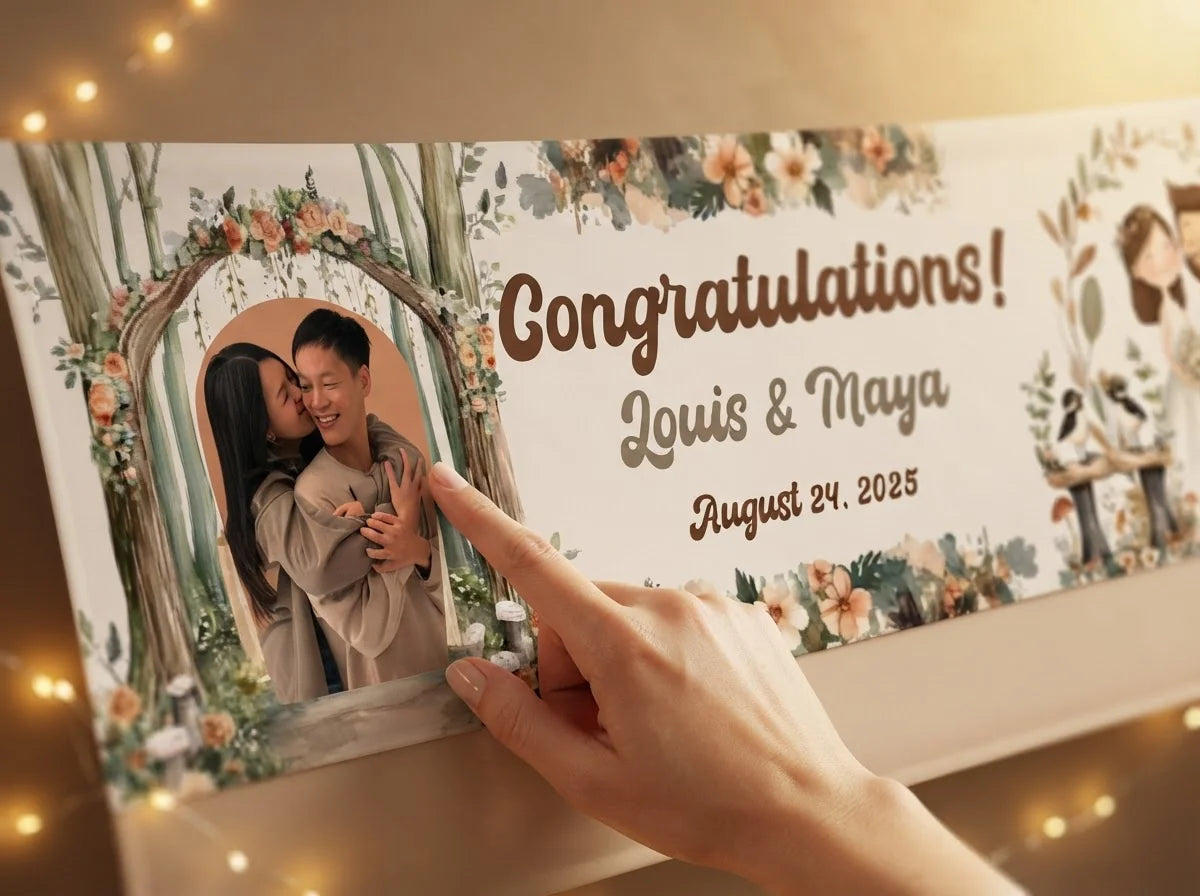 Close-up of the personalised name and photo printed on the Woodland Theme Wedding Banner