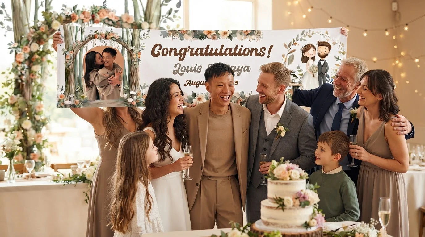 Friends and family celebrating with the personalised Woodland Theme Wedding Banner