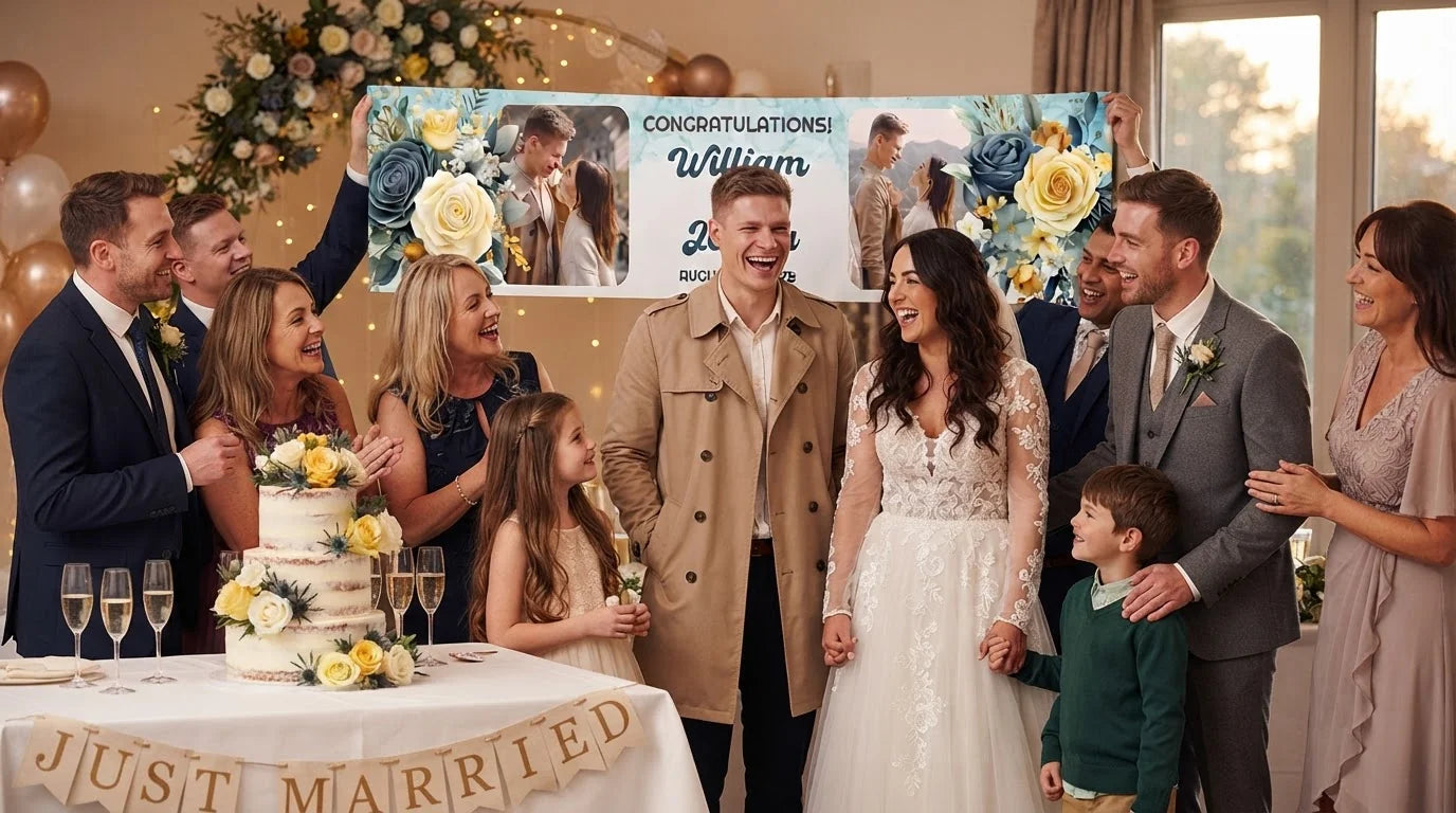 Friends and family celebrating with the personalised Yellow and Sage Green Theme Wedding Banner