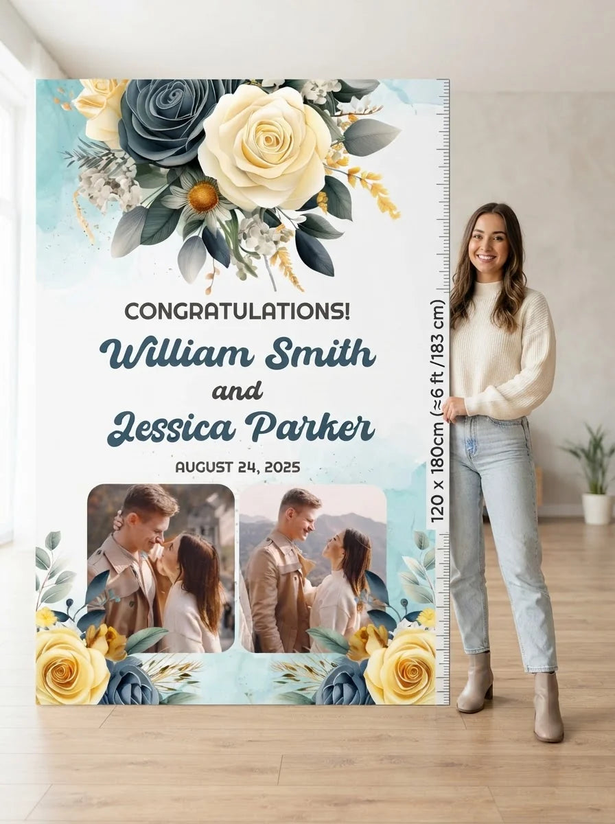 Person standing beside the Yellow and Sage Green Theme Wedding Mega Card for scale in a size guide