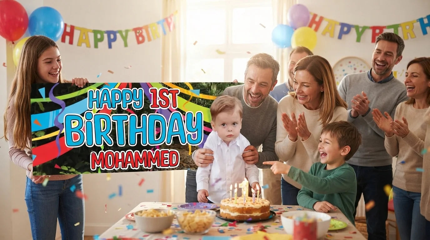 Friends and family celebrating with the personalised Yogi Bear Birthday Banner