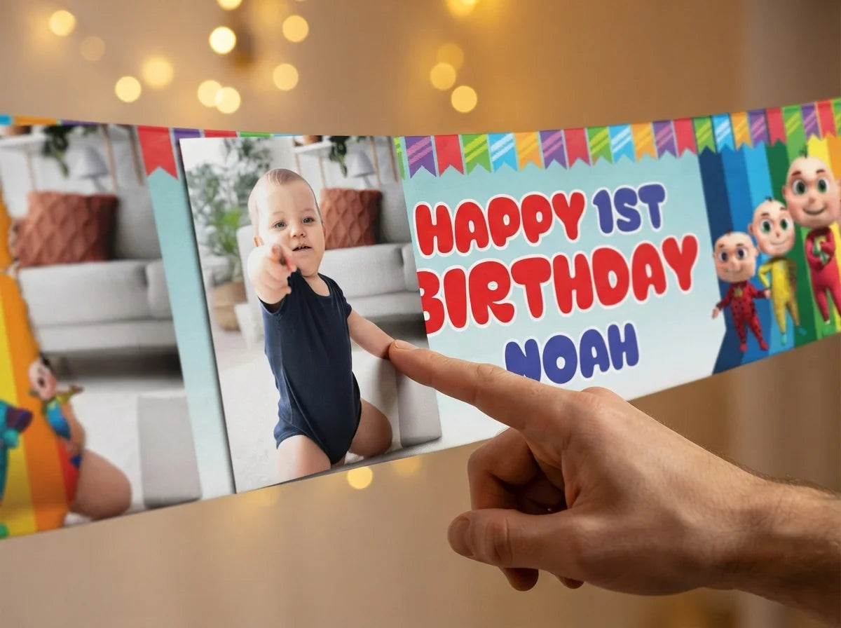 Close-up of the personalised name and photo printed on the Zool Babies Birthday Banner