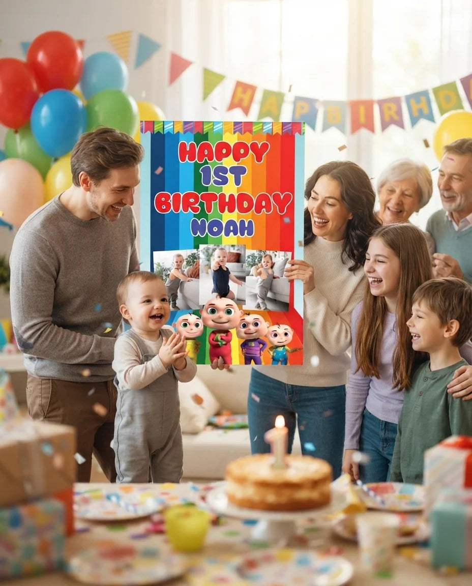 Friends and family celebrating with the personalised Zool Babies Mega Card