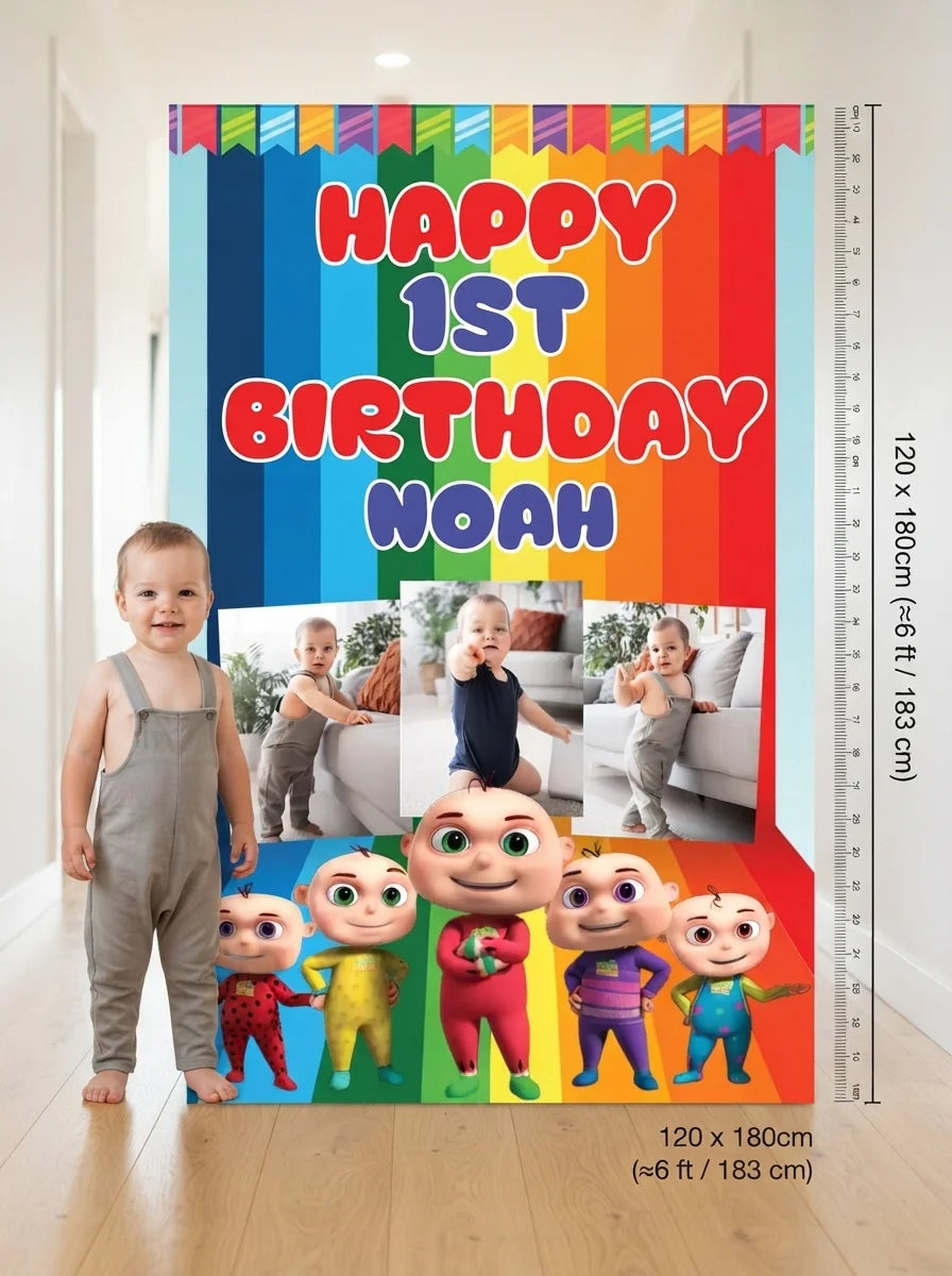 Person standing beside the Zool Babies Mega Card for scale in a size guide